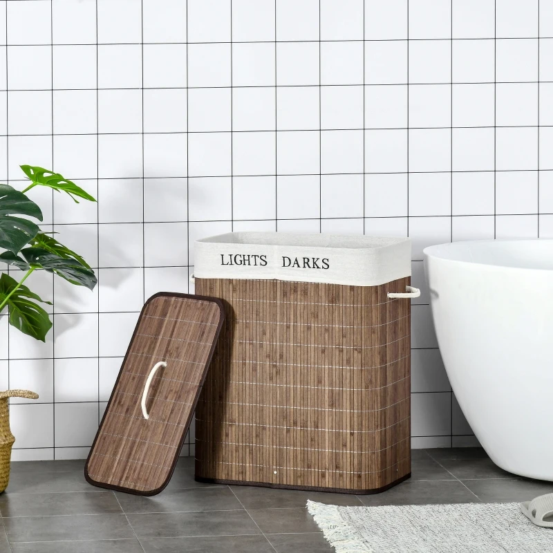 HOMCOM 100L kosz na pranie pojemnik na pranie organizator na pranie z 3 uchwytami wyjmowany bambus poliester bawełna metal brązowy + biały 52 x 32 x 63 cm