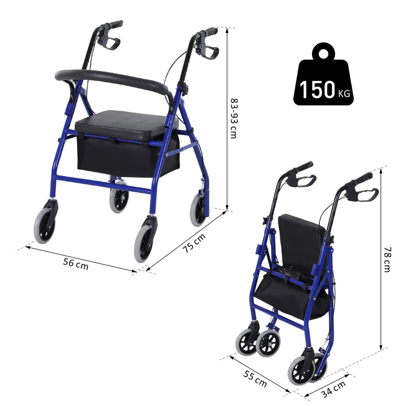 HOMCOM Rollator mit Stuhl, Faltbarer Gehwagen, Gehhilfe, Mobilität, mit Tasche, Bremse, 4-stufig verstellbare Griffe, Leichtgewicht, Metall Schwarz 75 x 56 x 83-93 cm