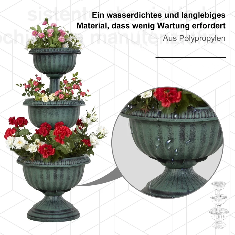 Outsunny Blumenschale, Pflanzgefäß, Blumenständer mit 3 runde Pflanzschalen,dreistufige, Blumensäule,Vintage Grün, ø43 x 98,5 cm
