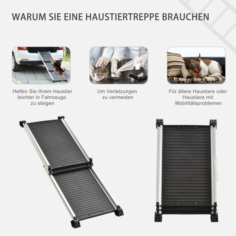 PawHut Hunderampe Haustierrampe Hundetreppe klappbar, Alu+PP, Schwarz, 159 x 42 x 11,5 cm