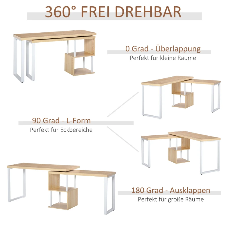 HOMCOM Eckschreibtisch Küchentisch L-Formen Schreibtisch mit Ablagen Winkelschreibtisch PC-Tisch Computertisch Bürotisch360° drehbar MDF Eisen Weiß+Eiche 220 x 55 x 76 cm