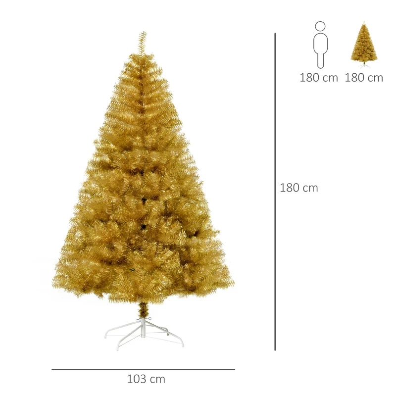 HOMCOM Künstlicher Weihnachtsbaum 1,8 m Christbaum Schnee einfacher Aufbau Tannenbaum 1000 Äste flammhemmend selbst aufblasend PET Stahl Gold Ø103 x 180 cm