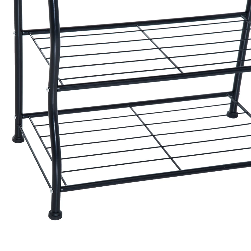 HOMCOM Garderobenständer Kleiderständer Garderobe mit 3 Schuhablagen 5 Haken Flur Stahl Schwarz L60 x B35 x H175cm