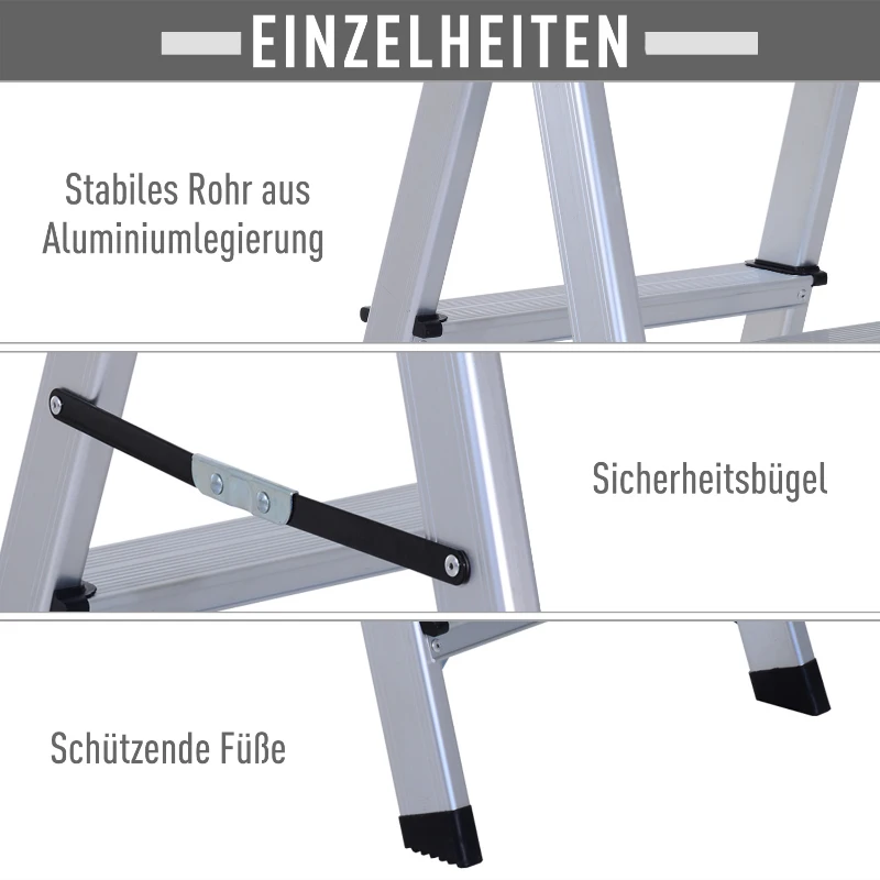 HOMCOM Trittleiter 4 Stufen | Aluminium | 81 x 42 x 72 cm | Silber