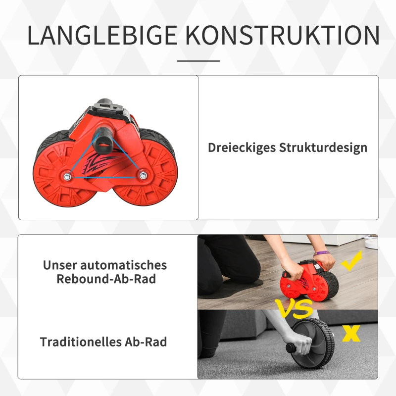 HOMCOM AB Roller Bauchtrainer Bauchroller Bauchmuskeltraining inkl. Kniematte Display ABS Gummi Rot 40 x 25 x 16 cm
