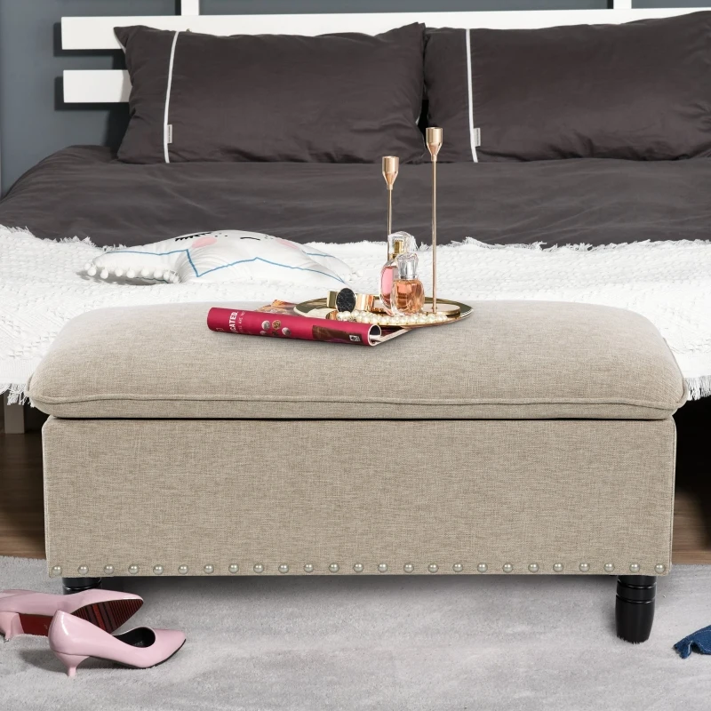 HOMCOM® Polsterbank Sitzbank mit Stauraum Truhenbank Polyester Eukalyptusholz Beige