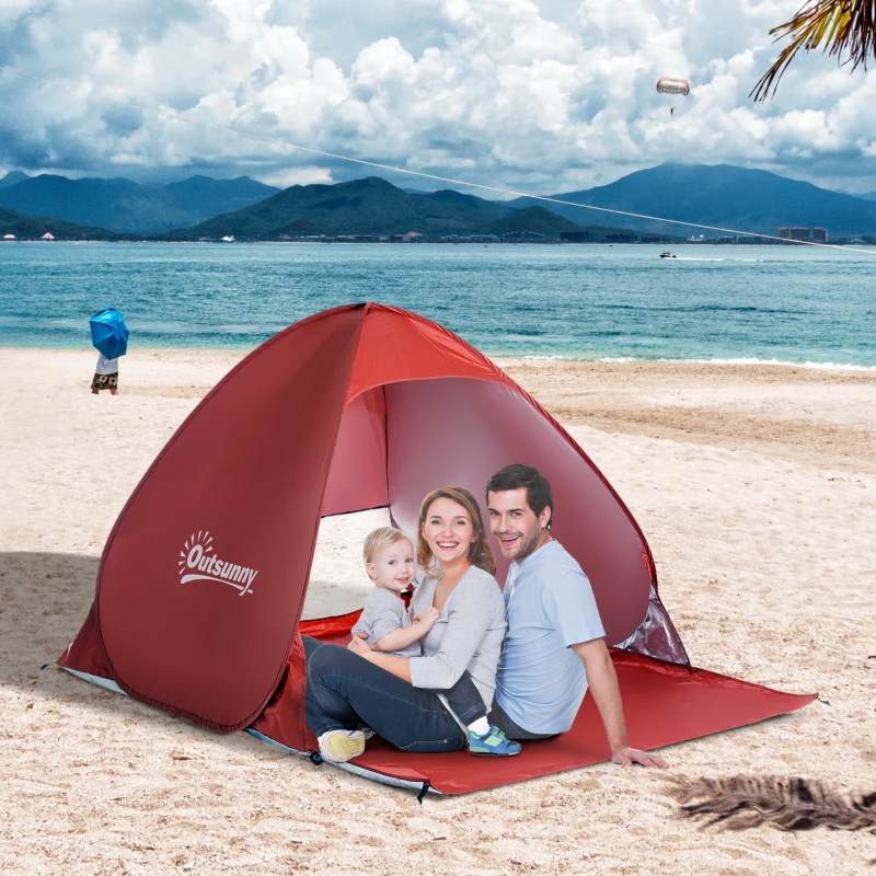 Outsunny 2-3 Person Pop up Beach Tent Hiking UV Protection Patio Sun Shade Shelter (Red)