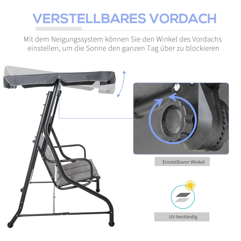 Huśtawka z daszkiem 3-osobowa huśtawka ogrodowa z regulowanym dachem stal kolor szary