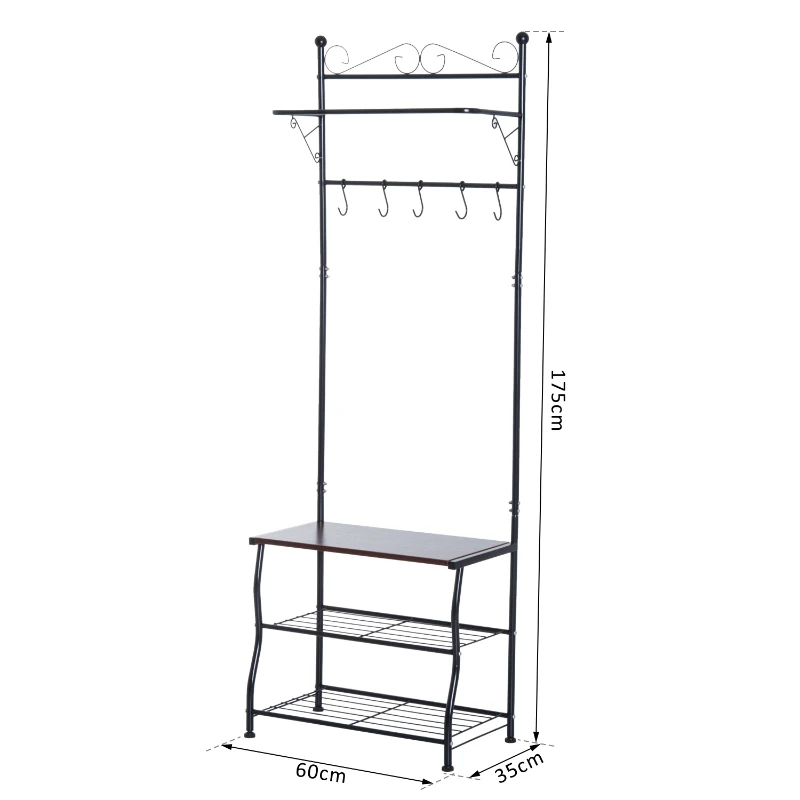 HOMCOM Garderobenständer Kleiderständer Garderobe mit 3 Schuhablagen 5 Haken Flur Stahl Schwarz L60 x B35 x H175cm