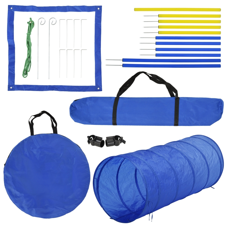 PawHut Agility-Übungs-Set Slalom-Hürden-Tunnel Hundesport Trainingsplatz PE+Polyester Blau+Gelb
