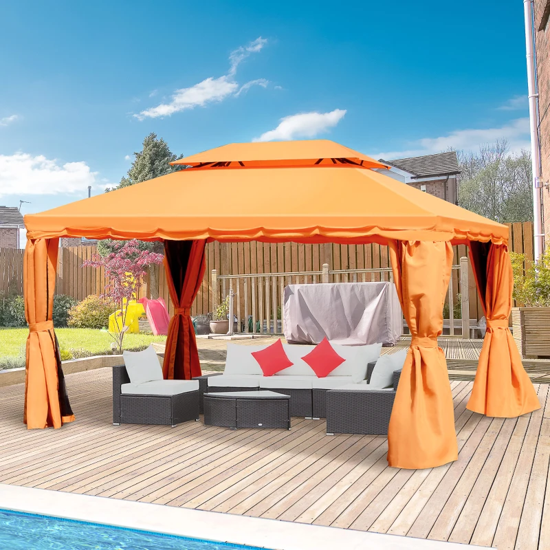 Outsunny 4 x 3 m Aluminum Garden Gazebo, Double Roof Outdoor Gazebo Canopy Shelter with Netting & Curtains for Garden, Lawn, Backyard and Deck, Orange