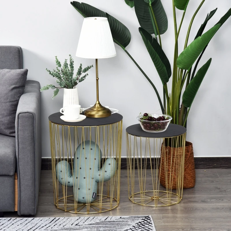 HOMCOM Beistelltisch mit Stauraum, 2er Set, Metall Korb mit Holzdeckel, Nachttisch, Gold, Ø40,7 x 49,5 cm, Ø33,8 x 40,8 cm