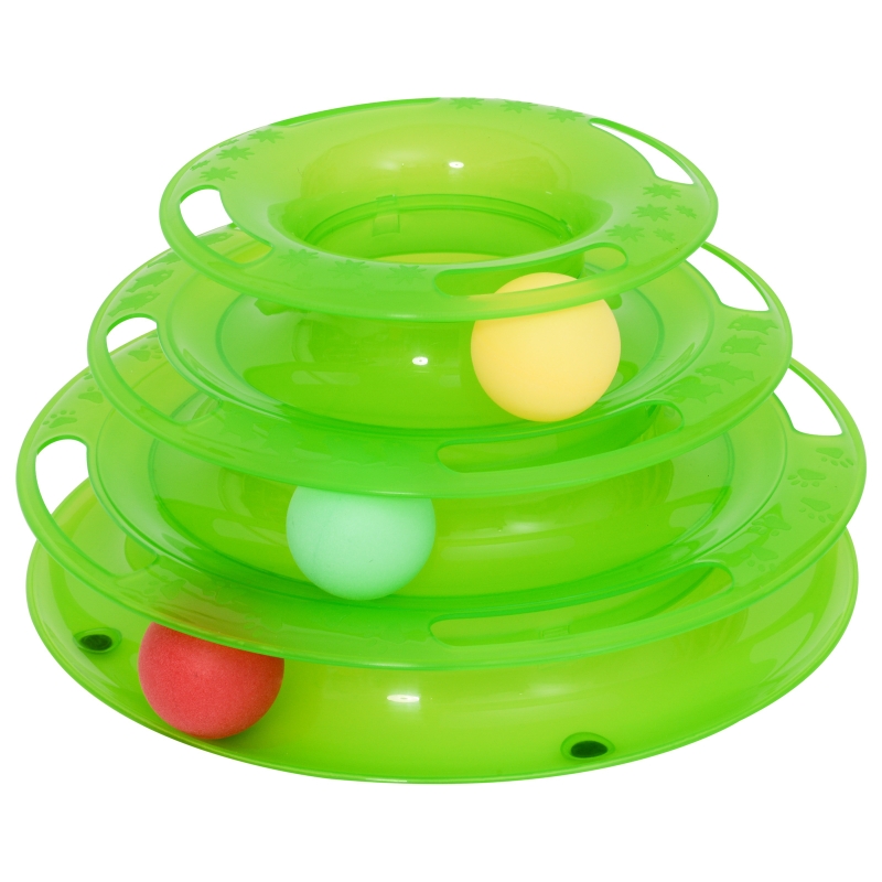 PawHut Katzen Spielturm Spielzeug Kugelbahn Kreisel mit 3 Bällen 3 Etagen Grün L25 x B16 x H13cm