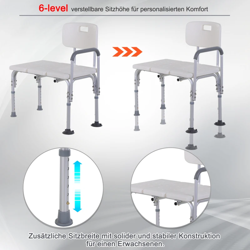 HOMCOM Duschstuhl mit Griff und Rückenlehne, Rutschfester Badehocker, Höhenverstellbarer Badestuhl, Duschhocker, Alu-Legierung, Weiß