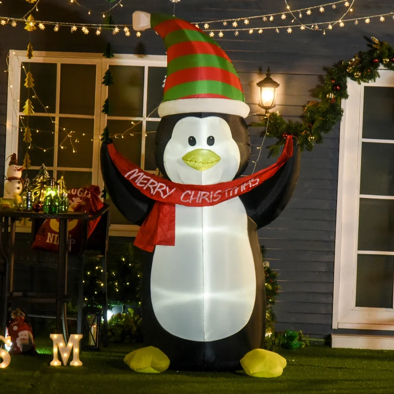 HOMCOM Aufblasbare Pinguin-Figur 2,43 m Weihnachtsdekoration mit Lichtern Weihnachten Dekoration automatisches Aufblasen wetterfest Polyester Weiß+Schwarz+Rot+Grün 130 x 75 x 243 cm