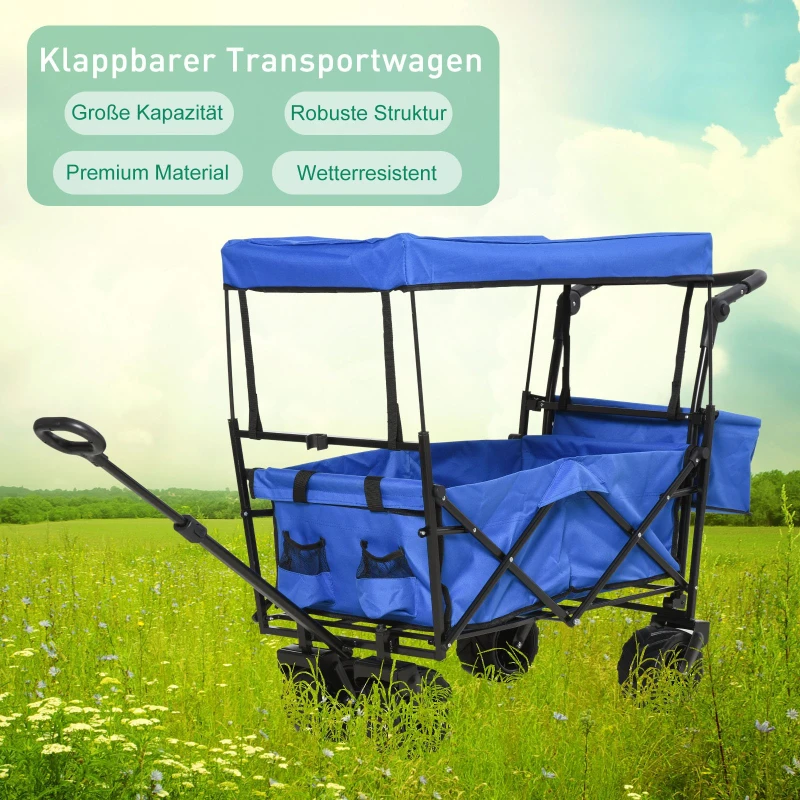 DURHAND® Bollerwagen Handwagen Gartenwagen mit Dach Faltbar extra Staubox Oxford Blau