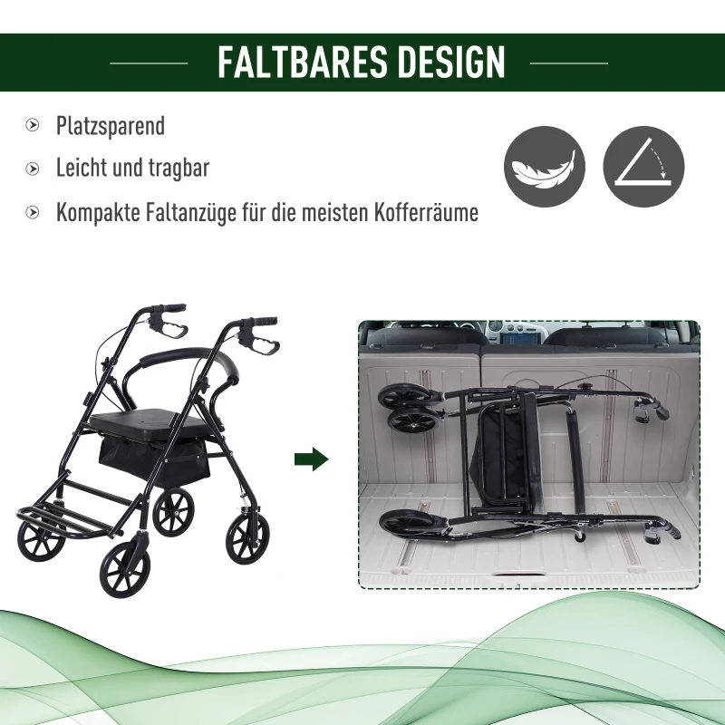 HOMCOM Rollator mit Stuhl, Faltbarer Gehwagen, Gehhilfe, Mobilität, mit Stauraum, mit Bremse, 4-stufig verstellbare Griffe, Leichtgewicht, Metall Schwarz 57,5 x 87 x 82-90 cm