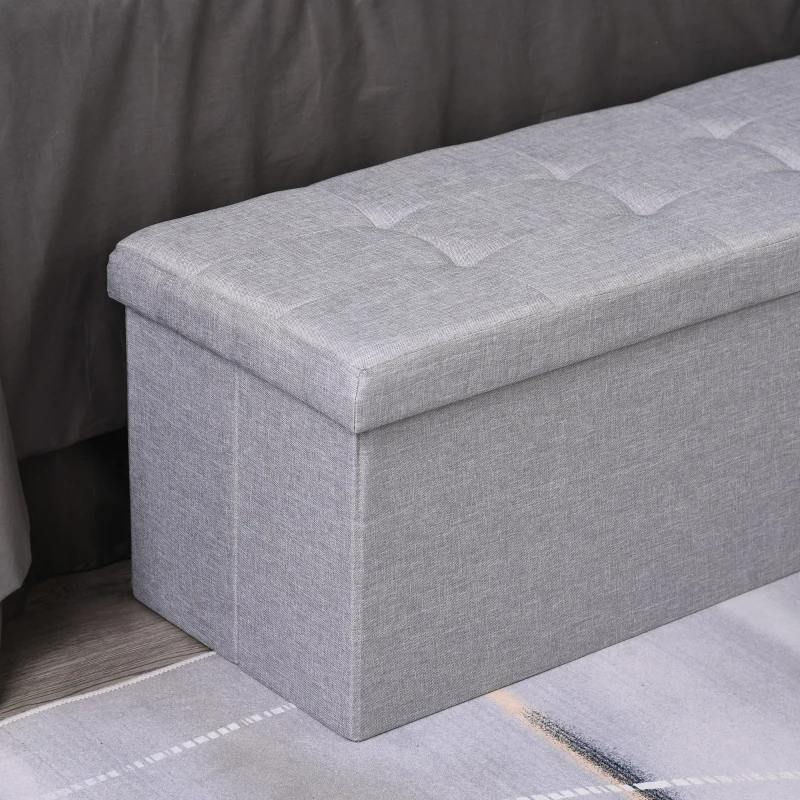 HOMCOM Pufa siedzisko z przestrzenią do przechowywania, skrzynia z podziałką, składana, z tkaniną jutową, pianka, szary, 110 x 38 x 38 cm