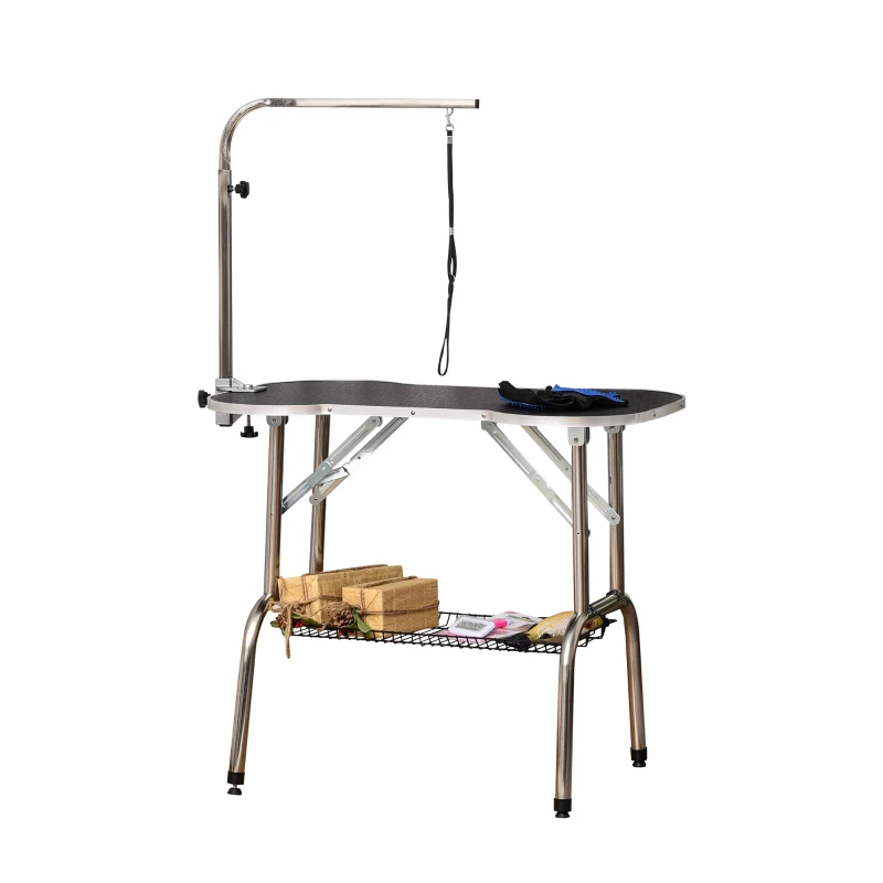 PawHut Trimmtisch klappbar Tierpflegetisch mit Unterkorb Schertisch Pflegetisch für Hunde Katzen Edelstahl Gummi Schwarz 94,5 x 55,3 x 80,6 cm