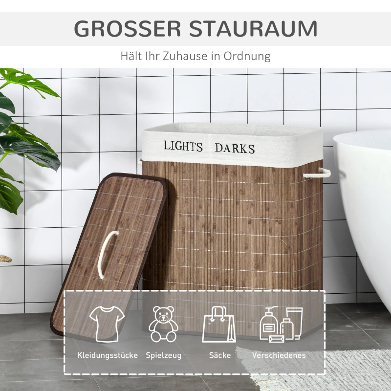 HOMCOM 100L kosz na pranie pojemnik na pranie organizator na pranie z 3 uchwytami wyjmowany bambus poliester bawełna metal brązowy + biały 52 x 32 x 63 cm