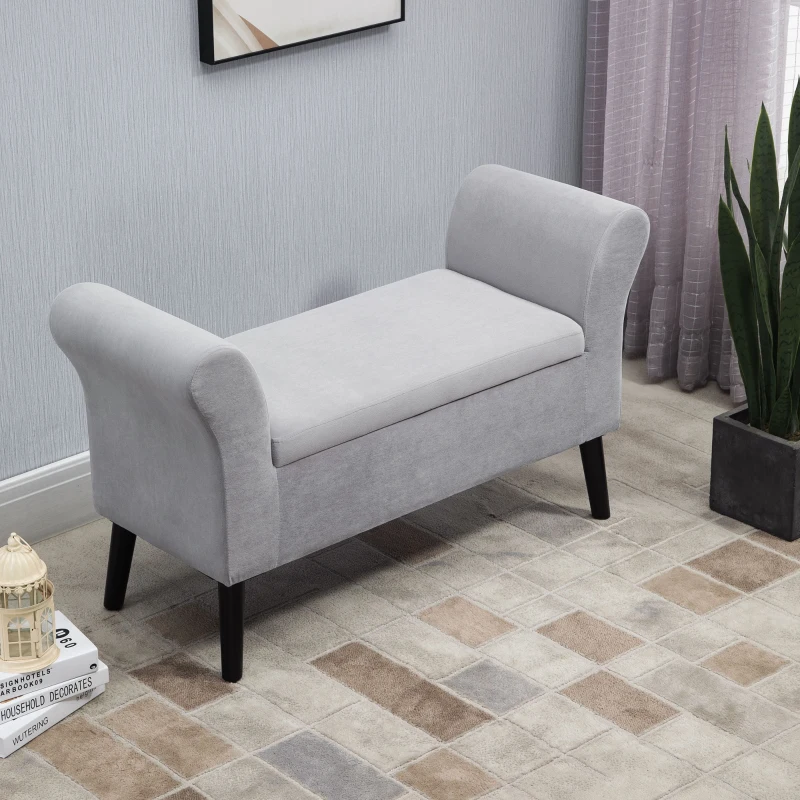HOMCOM Ottoman Bench with Storage Armrests Chest Bench Modern Entryway Bedroom Living Room Velvet-like Polyester Rubberwood Light Grey 111.5 x 41 x 65 cm