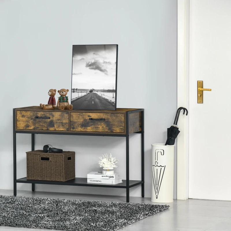 HOMCOM Konsolentisch mit 2 Schubladen Ablageboden Industriedesign Flurtisch Beistelltisch Sideboard für Wohnzimmer Flur Metall Rustikal-Braun 110 x 40 x 80 cm