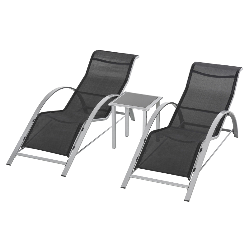 Outsunny Rattan 3 Pieces Lounge Chair Set Garden Outdoor Recliner Sunbathing Chair with Table, Black