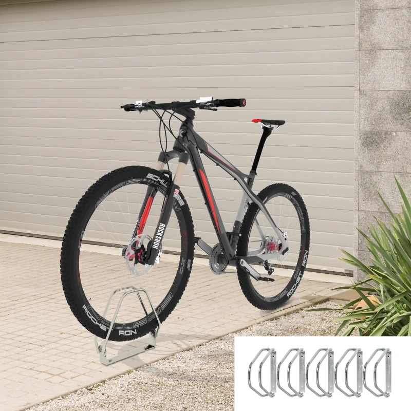 HOMCOM Fahrradparker Fahrradständer Mehrfachständer Bügelparker Boden- und Wandmontage Stahl Silber 5 Fahrräder 29 x 32,5 x 8,2 cm