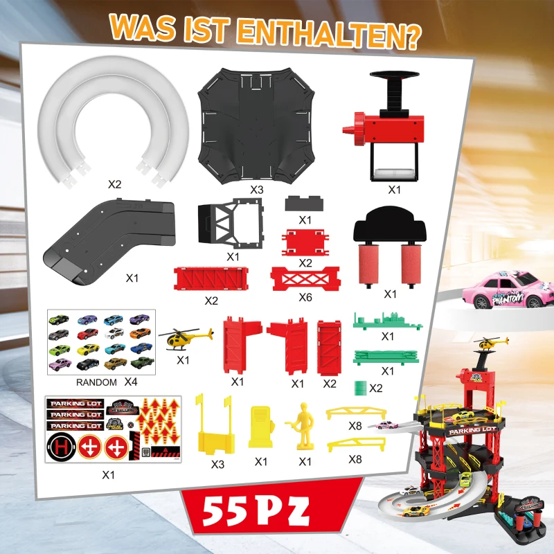 Tor wyścigowy dla dzieci Tor samochodowy Parking trzypoziomowy dla samochodów zabawkowych czerwony