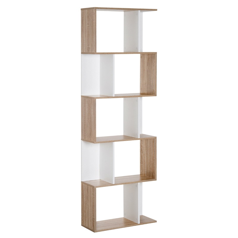 HOMCOM Bücherregal S-förmig Ausstellungsregal Standregal 5-stöckiger moderner Raumteiler Spanplatte Weiß 60 x 24 x 184,5 cm