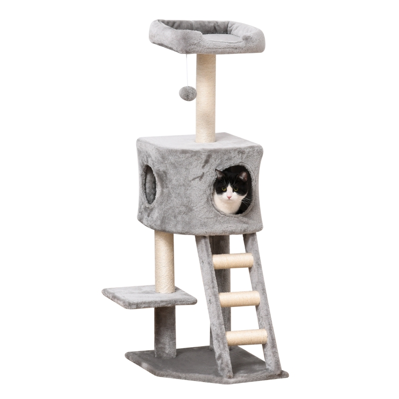 PawHut Kratzbaum mit Katzenhöhle Leiter Katzenbaum Kletterbaum für Katzen Mehrstufiges Multiaktivitätszentrum E1 MDF Sisal Hellgrau 60 x 48 x 122 cm