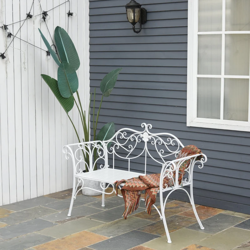 Outsunny Gartenbank 2-Sitzer Bank Sitzbank Parkbank Metall Gartenmöbel antik Weiß