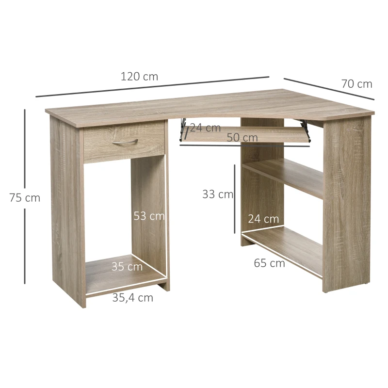 HOMCOM Eckschreibtisch mit 2 Ablageflächen L-förmiger Schreibtisch Computertisch mit Tastaturablage Schublade CPU-Ständer E1-Spanplatte Naturholz 120 x 70 x 75 cm