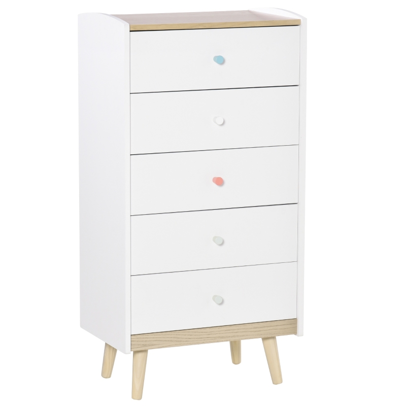 HOMCOM Kinder Kommode mit 5 Schubladen Griff Schubladenschrank für Kinder ab 3 Jahren Kinderschrank mit Antikippvorrichtung Kiefer MDF Weiß 55 x 36 x 108 cm