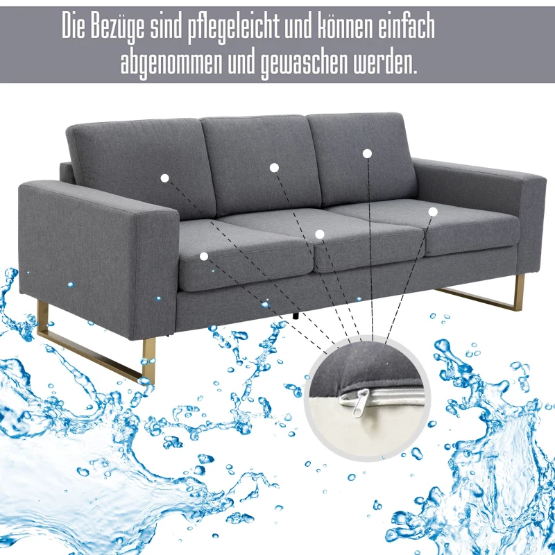 Homcom sofa 3-osobowa tapicerowana meble do siedzenia podłokietniki len ciemnoszary 200 x 82 x 78 cm