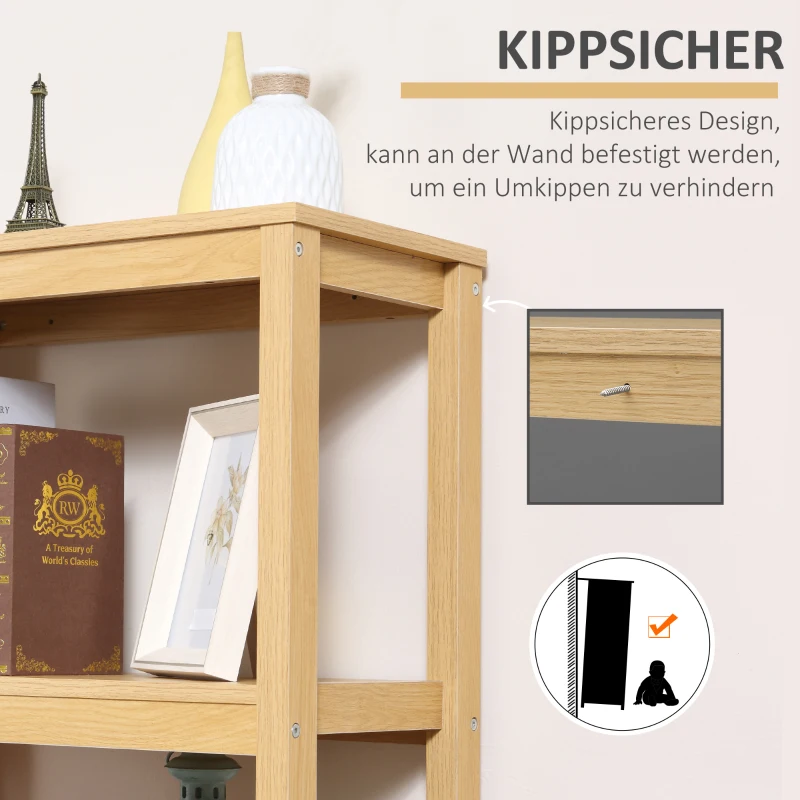HOMCOM Strandregal Bücherregal 3-stufiges mit Schublade Büroregal Lagerregal Aktenregal Küchenregal MDF Eiche 60 x 30 x 150 cm