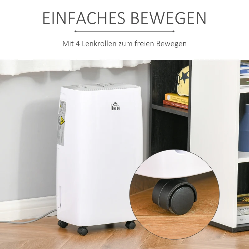 HOMCOM Luftentfeuchter Raumgröße 18-28㎡ 12L/24h elektrisch Raumentfeuchter gegen Feuchtigkeit mit Rollen für Badezimmer Wohnzimmer Schlafzimmer ABS Kupfer Aluminium Weiß 28,8 x 19,8 x 50,9 cm