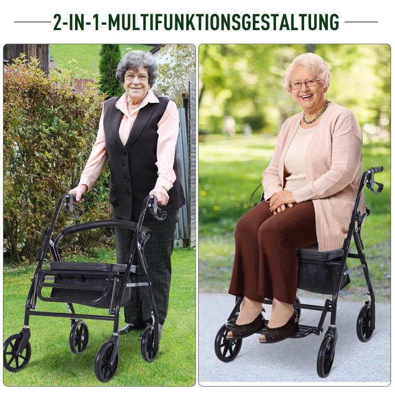 HOMCOM Rollator mit Stuhl, Faltbarer Gehwagen, Gehhilfe, Mobilität, mit Stauraum, mit Bremse, 4-stufig verstellbare Griffe, Leichtgewicht, Metall Schwarz 57,5 x 87 x 82-90 cm