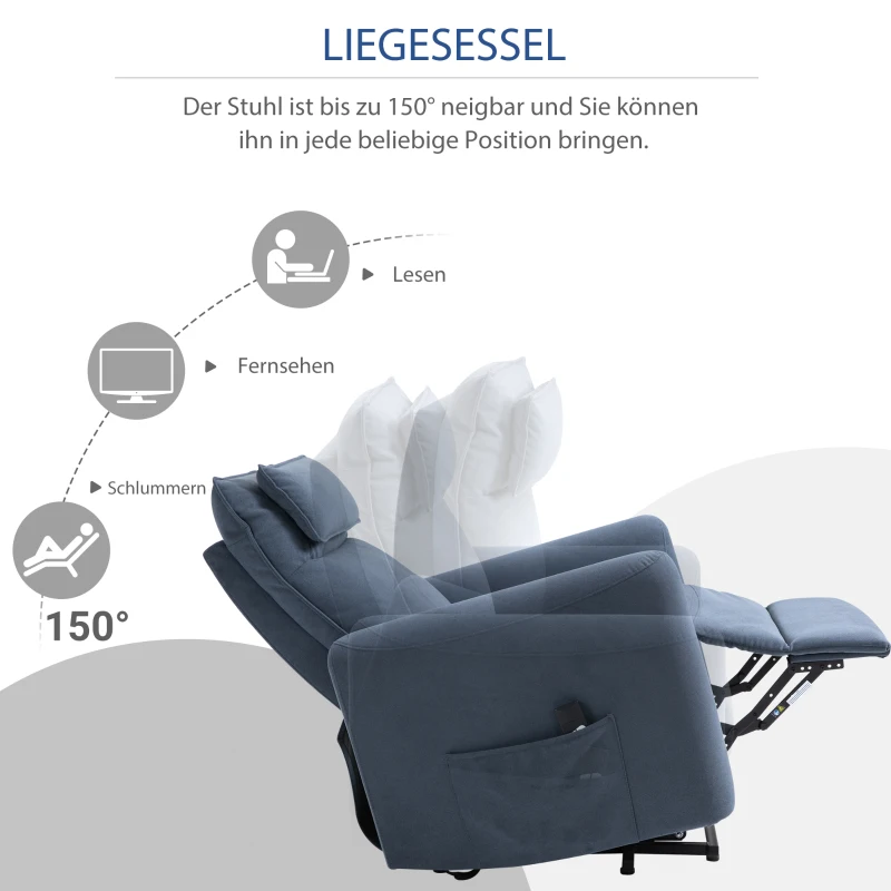HOMCOM Aufstehsessel Fernsehsessel mit Aufstehhilfe elektrisch Liegefunktion Leinen-Touch Stahl Blau 85 x 89,5 x 105 cm