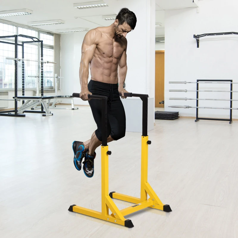 HOMCOM Dipstation Klimmzugstange Kraftstation mit Hantelbank Bauchtrainer klappbar  Rückentrainer Stahl Max.100KG ideal für Home-Gym Gelb + Schwarz 66 x 75 x 119 cm