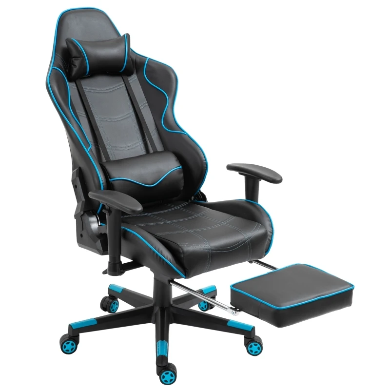 Vinsetto Gamingstuhl mit Kopfstütze Lendenkissen Bürostuhl mit Fußstütze höhenverstellbarer Schaumstoff Nylon Kunstleder Schwarz+Blau 72 x 77 x 128-138 cm