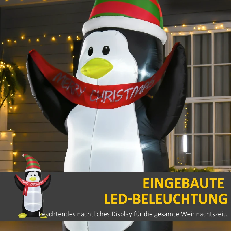 HOMCOM Aufblasbare Pinguin-Figur 2,43 m Weihnachtsdekoration mit Lichtern Weihnachten Dekoration automatisches Aufblasen wetterfest Polyester Weiß+Schwarz+Rot+Grün 130 x 75 x 243 cm
