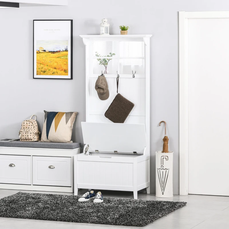 HOMCOM moderner Garderobenständer mit Bank Spiegel Kleiderbügel mit 3 Haken Aufbewahrungsschrank für Flur Schlafzimmer Wohnzimmer Weiß MDF 81 x 44,5 x 181 cm