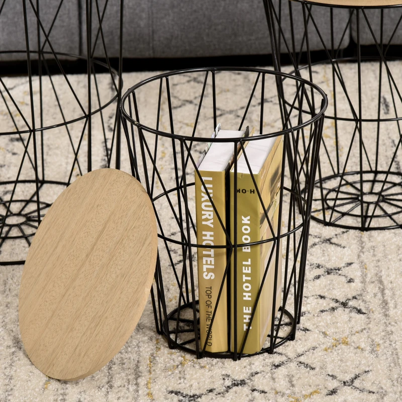 HOMCOM salontafel bijzettafel 3-delig nachtkastje tafelset woonkamer slaapkamer metaal MDF natuurlijk hout + zwart Ø 42 x 45 h cm