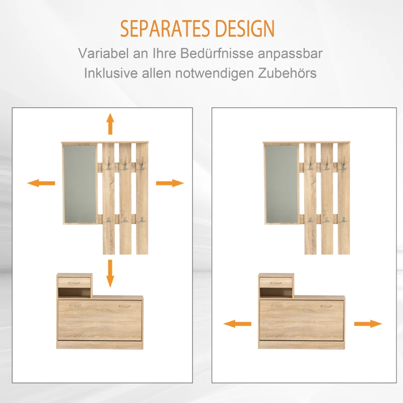 HOMCOM 3-in-1 Garderobenset Flurgaderobe mit Schuhschrank Garderobe, Wandspiegel, 6 Haken, Natur, 30,5 x 75,5 cm (Spiegel)