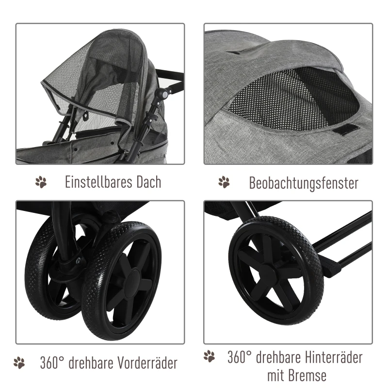 PawHut Hundewagen Hundebuggy Katzenbuggy mit vier Rädern klappbar Hunde Katze Oxford Grau 97 x 62 x 105 cm