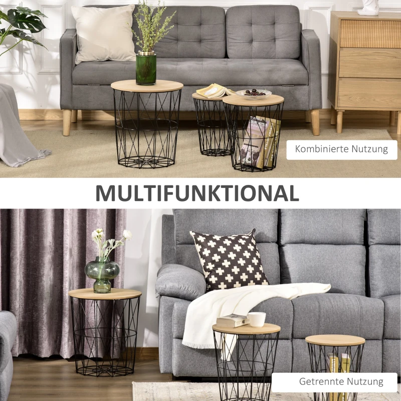 HOMCOM salontafel bijzettafel 3-delig nachtkastje tafelset woonkamer slaapkamer metaal MDF natuurlijk hout + zwart Ø 42 x 45 h cm