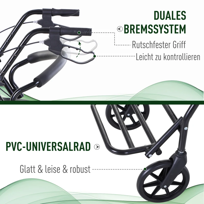 HOMCOM Rollator mit Stuhl, Faltbarer Gehwagen, Gehhilfe, Mobilität, mit Stauraum, mit Bremse, 4-stufig verstellbare Griffe, Leichtgewicht, Metall Schwarz 57,5 x 87 x 82-90 cm
