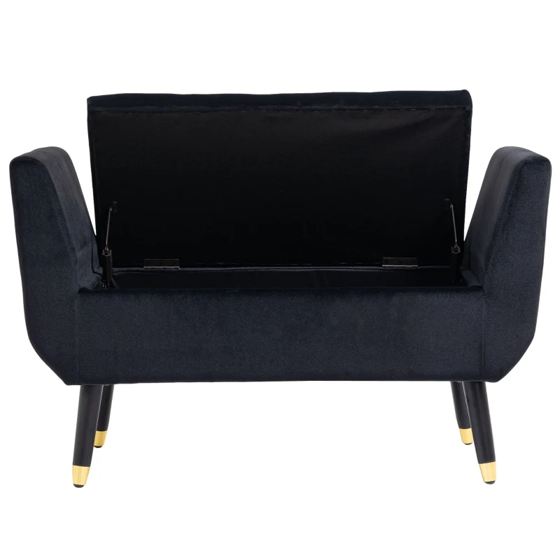 HOMCOM Luxury Ottoman Bench with Storage Armrests Trunk Bench Velvet-like Polyester Rubberwood Black 107 x 42 x 65 cm