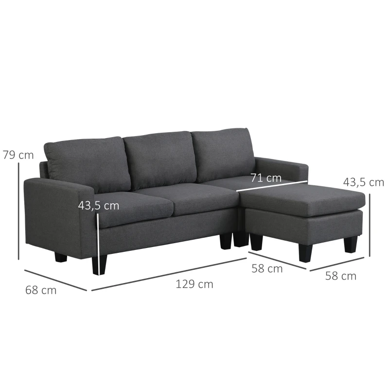 HOMCOM Ecksofa Stoffsofa Eckcouch Couchgarnitur mit Chaiselongue L-Form Leinen Grau